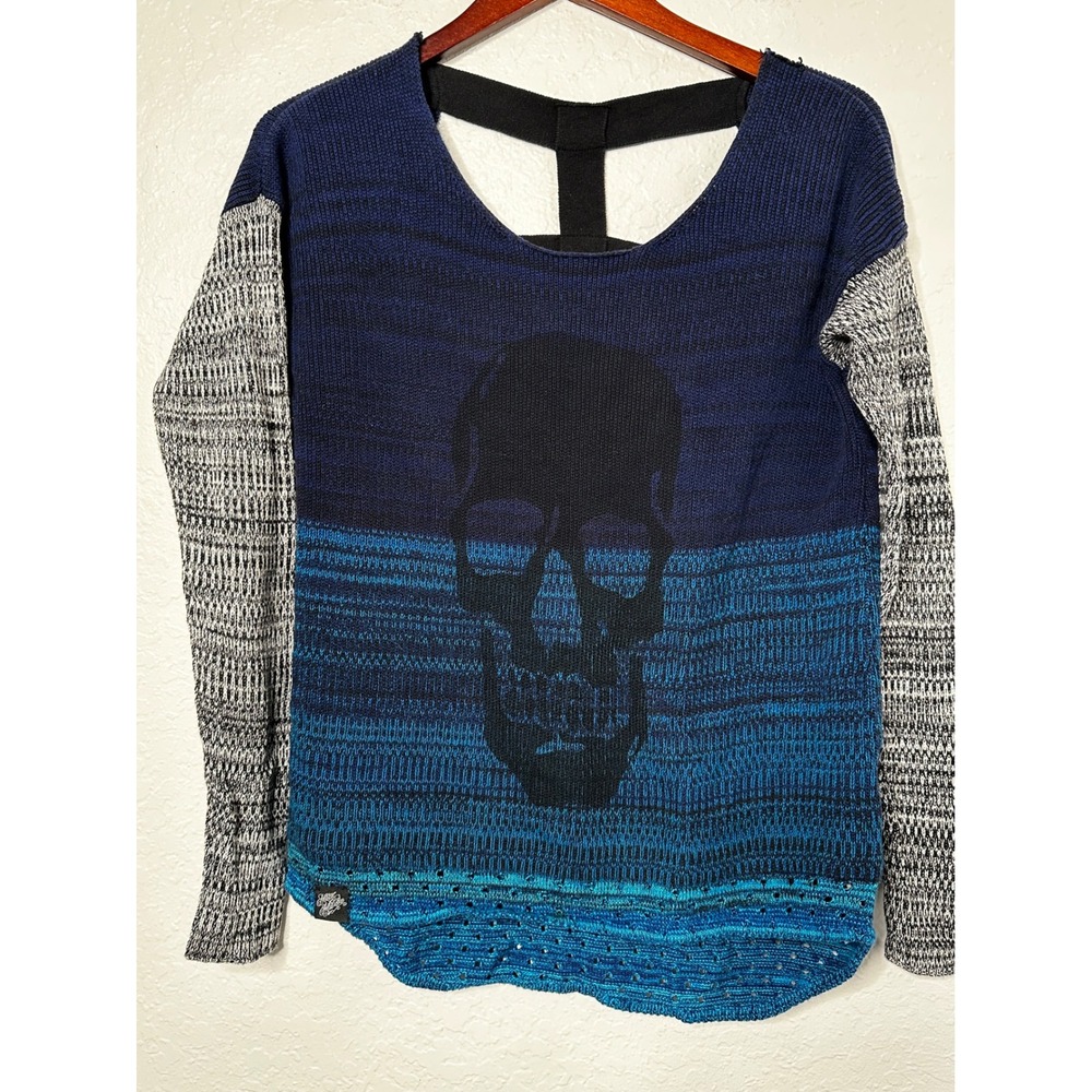 Metal Mulisha Women's Blue Ombre Skull Graphic Strappy Back Knit Sweater